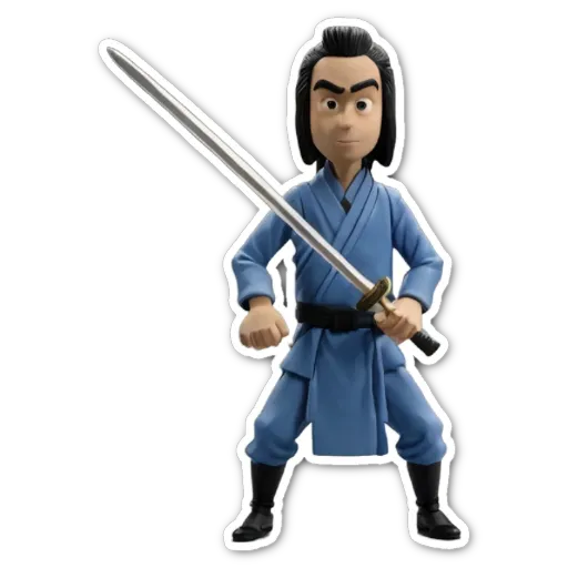 A figure holding a sword that is blue in color.