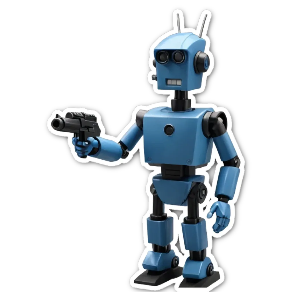 A blue robot with a gun that is holding it.