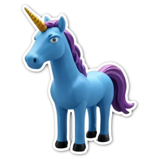 A blue unicorn with a purple mane is standing on a black background.