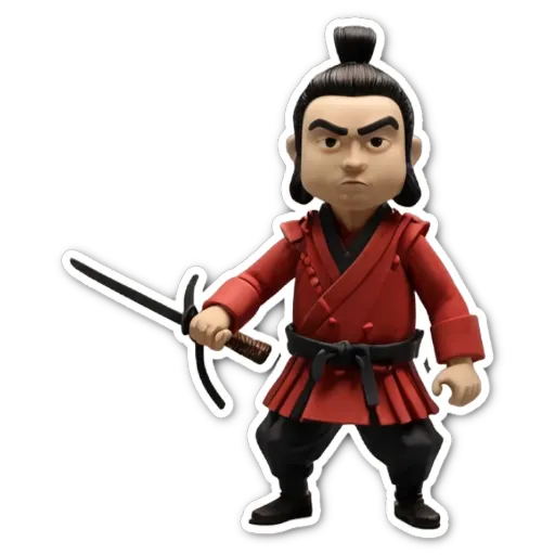 A figure holding a katana with black hair and red clothing.