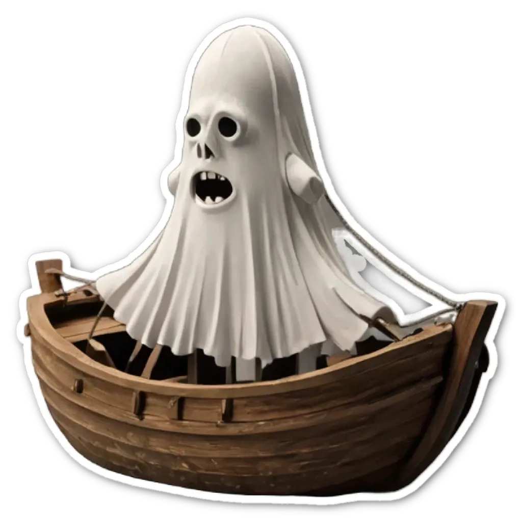 A ghost in a boat that is faking a skull.