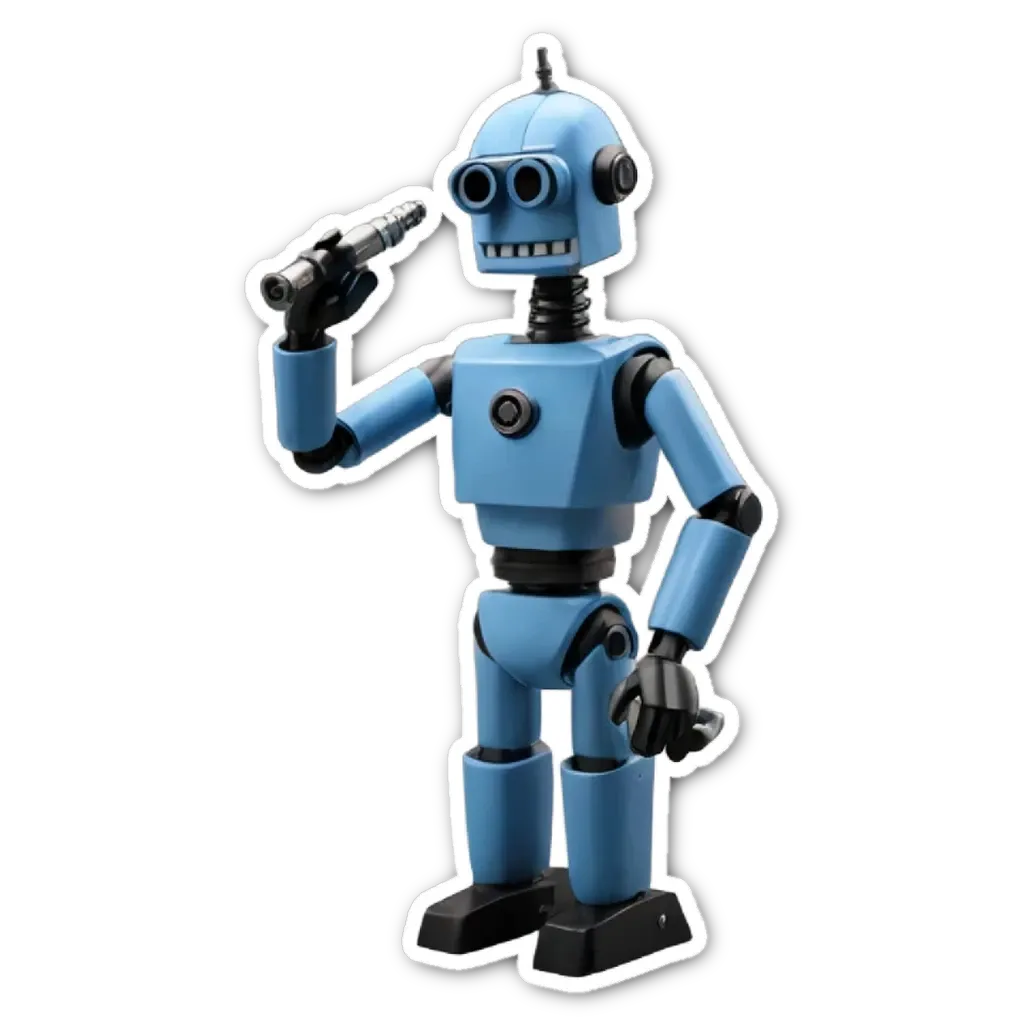 A blue robot with black eyes and a smiley face holding a syringe.