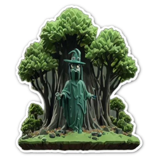 A statue of a man in a green robe is in front of a group of trees.