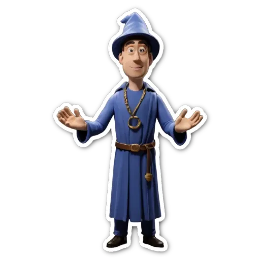 A figure wearing a blue robe and a pointy hat is holding his hands up.