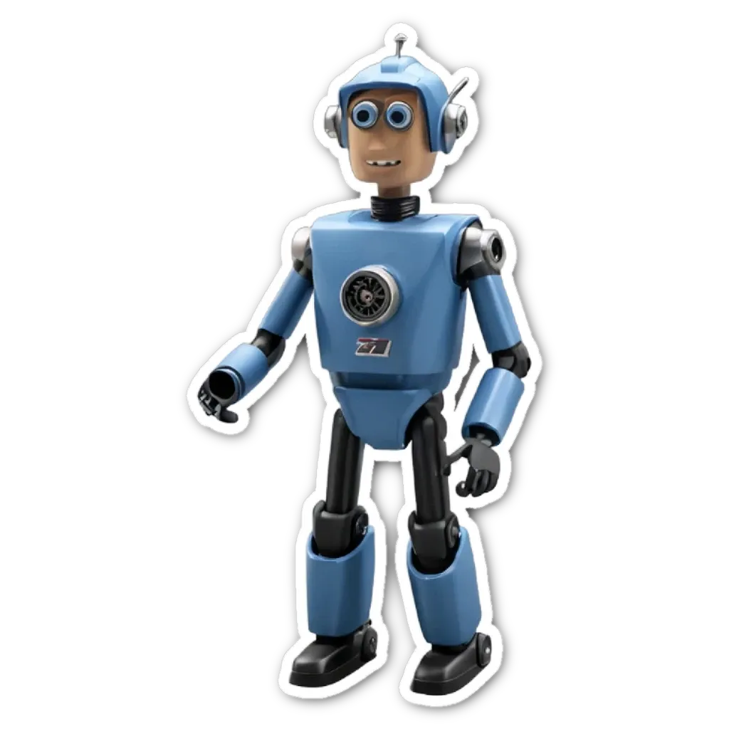 A blue robot with black eyes is standing up straight.