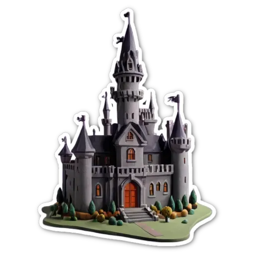 A model of a castle with a flag on a black background.