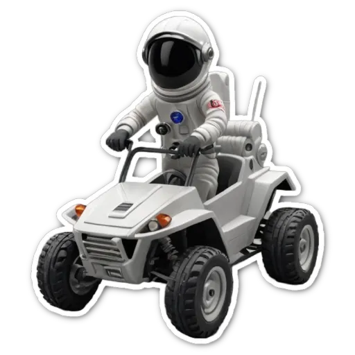 A space man in a vehicle that is for sale.