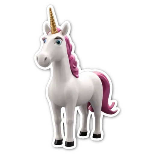 A white unicorn with a pink horn is standing on a black background.