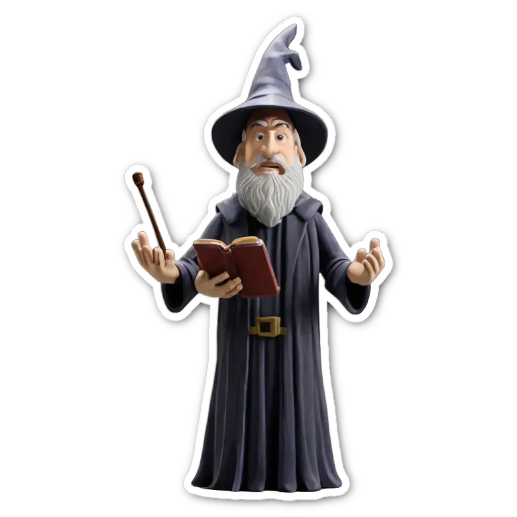 A plastic toy of a wizard holding a book with a wand.