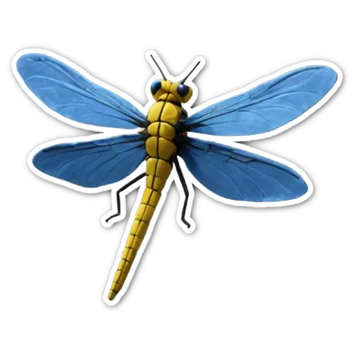 A blue and yellow dragonfly sticker on a black background.