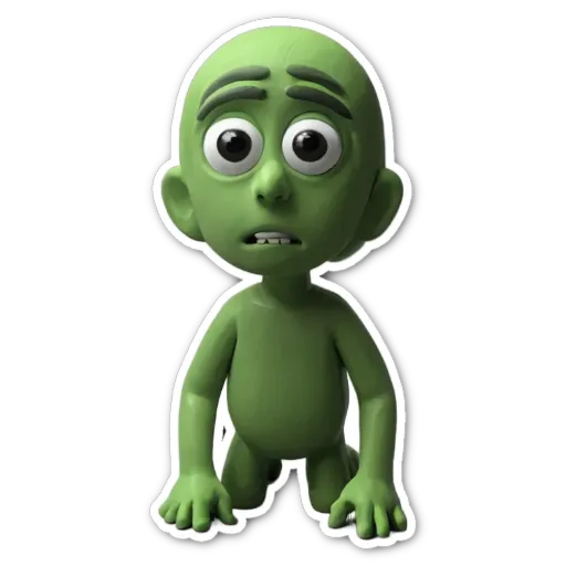 A green figure with big eyes open on a black background.