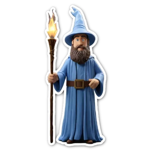 A blue wizard with a staff is standing on a black background.