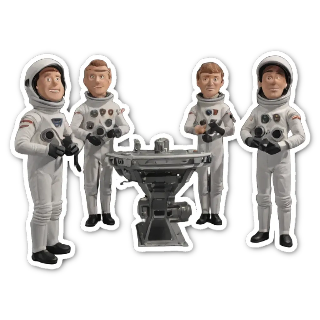 Four men in space suits standing around a table.