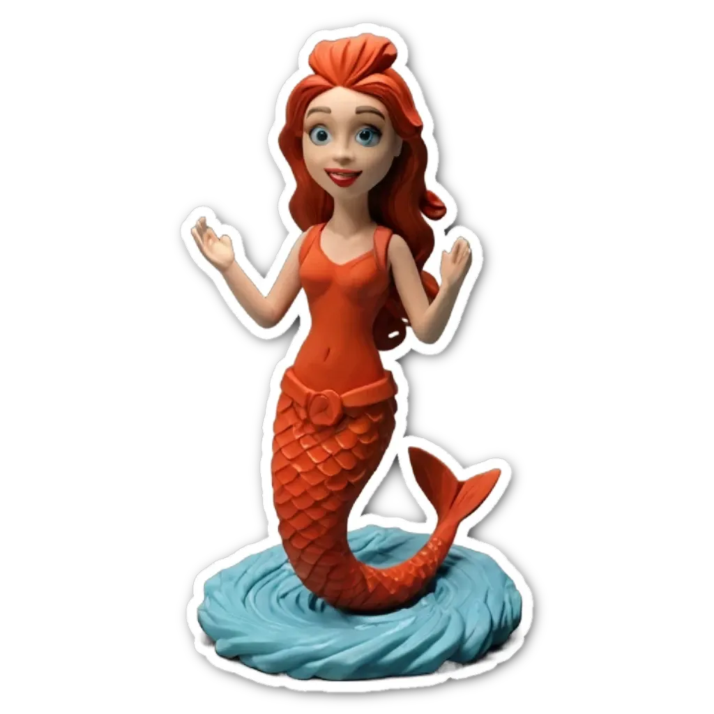 A sticker of a toy in blue and orange that is a mermaid.