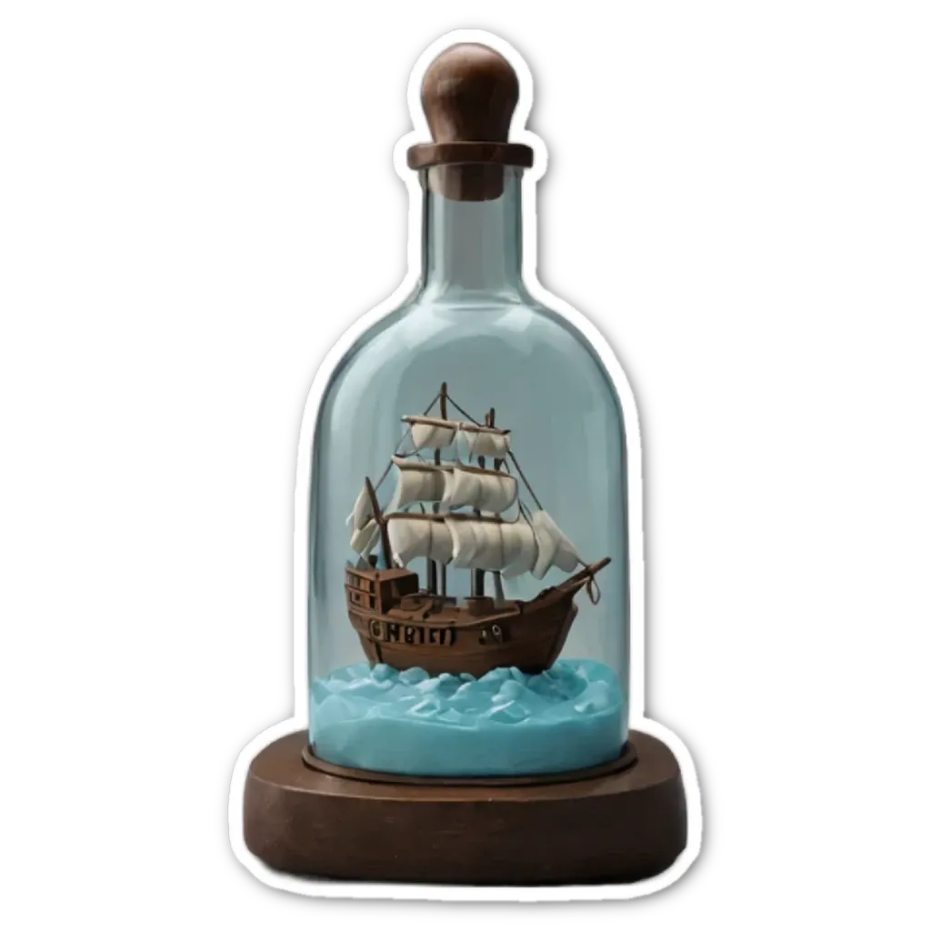 A sticker of a ship in a glass bottle with a cap on it.