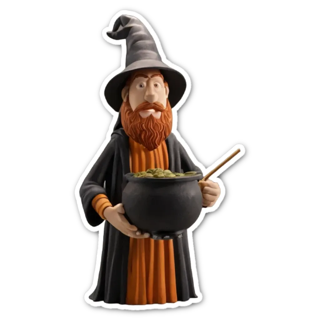 A plastic toy of a witch that is holding a cauldron.