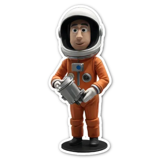 A plastic toy astronaut that is holding a camera.