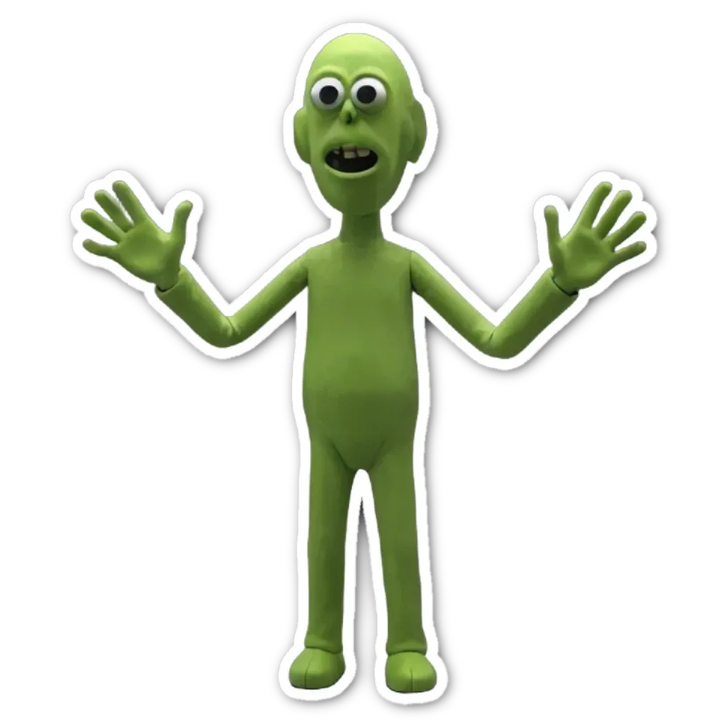 A green figure with a mouth and two open hands.