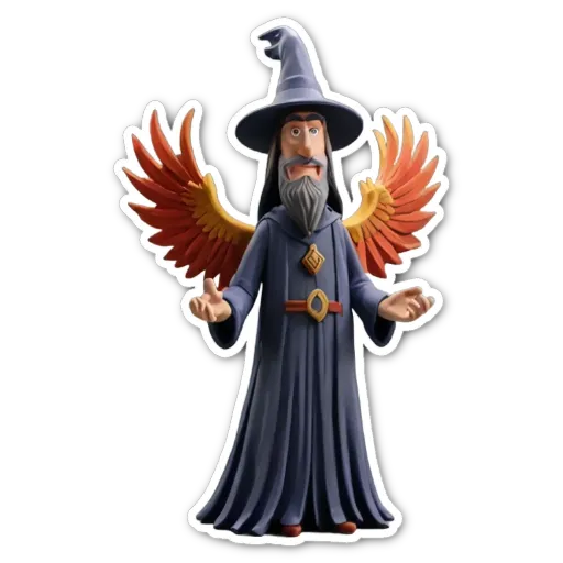 A plastic wizard with wings who is wearing a blue robe.