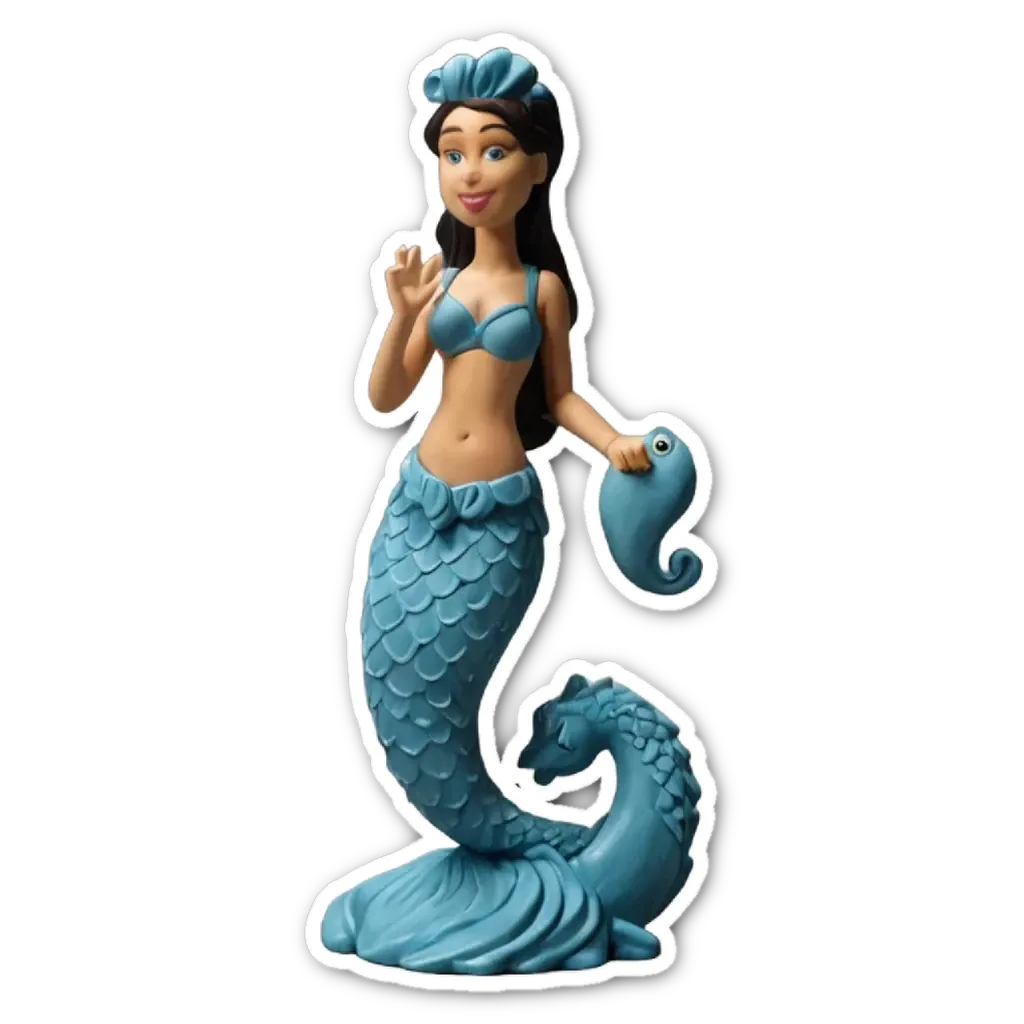 A blue figure of a mermaid holding a fish is on a black background.