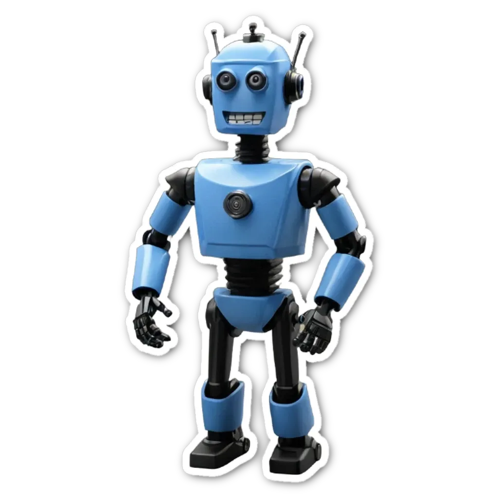 A blue robot is standing on a black background.