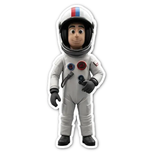 A sticker of a man in space with the word space written on his helmet.