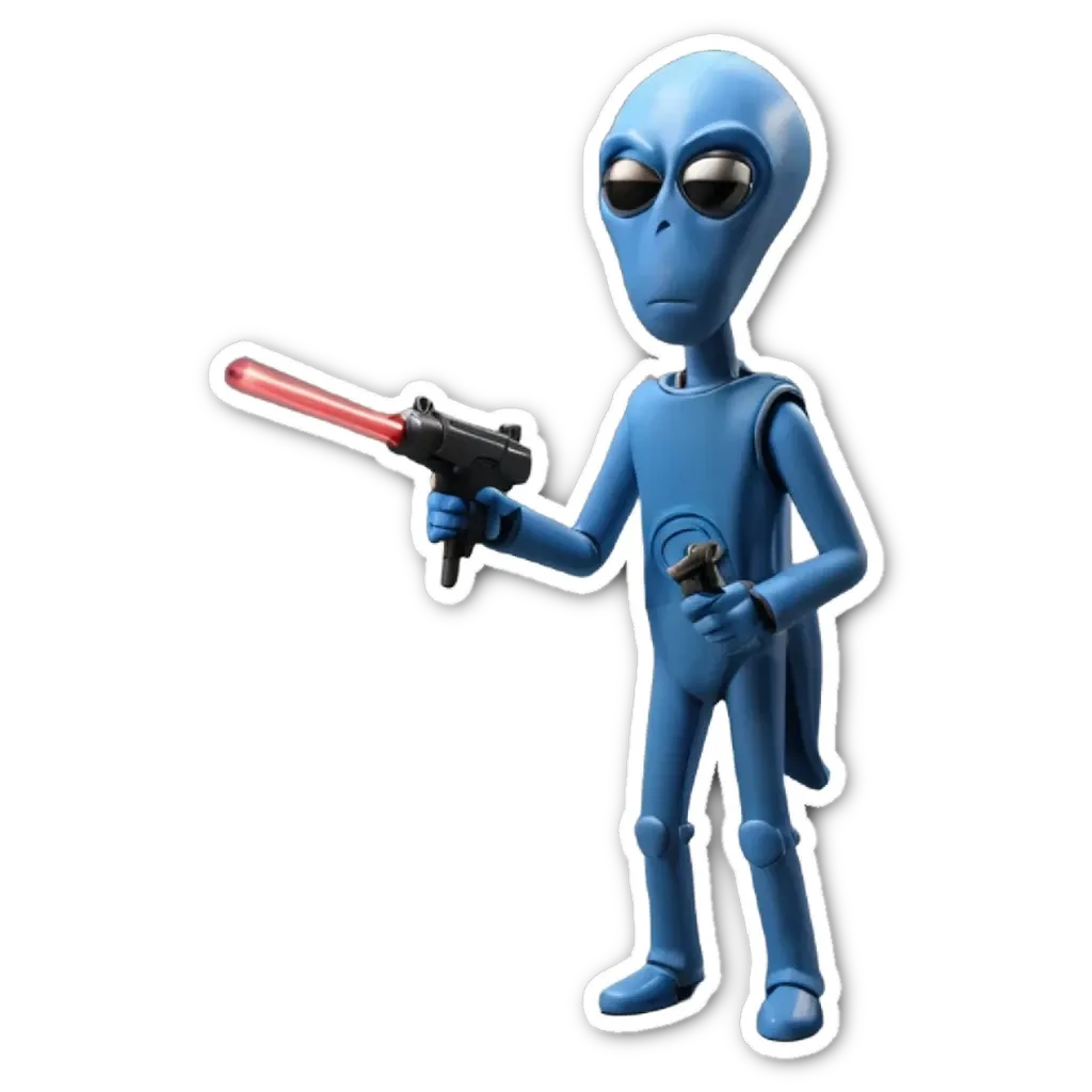 A blue alien with a red gun holding it.