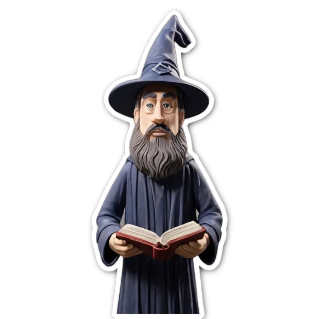 A sticker of a wizard reading from a book.