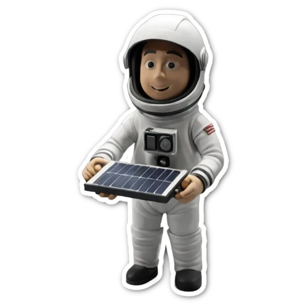 A solar panel and a man in a spacesuit holding it.