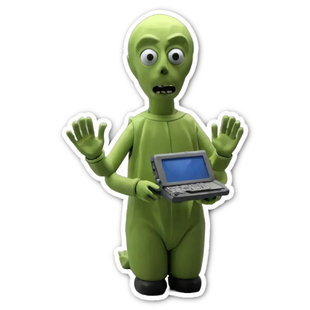 A green alien holding a laptop sticker is showing his/her laptop.