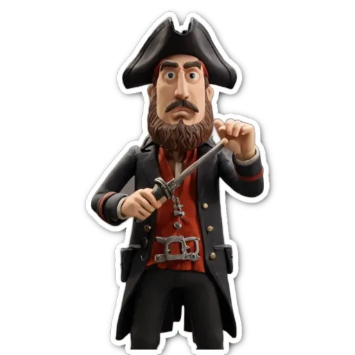 A cartoon depiction of a man in a pirate costume holding a sword.