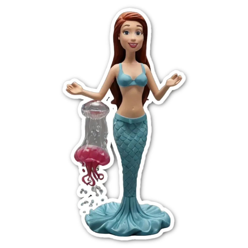 A blue mermaid figure holding a jellyfish in its mouth.