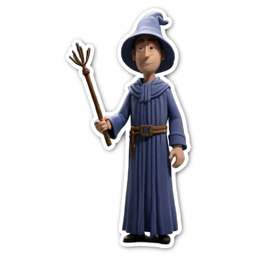 A figure wearing a wizard costume with a staff.