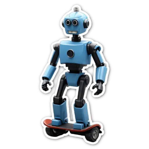 A robot is standing on a skateboard.