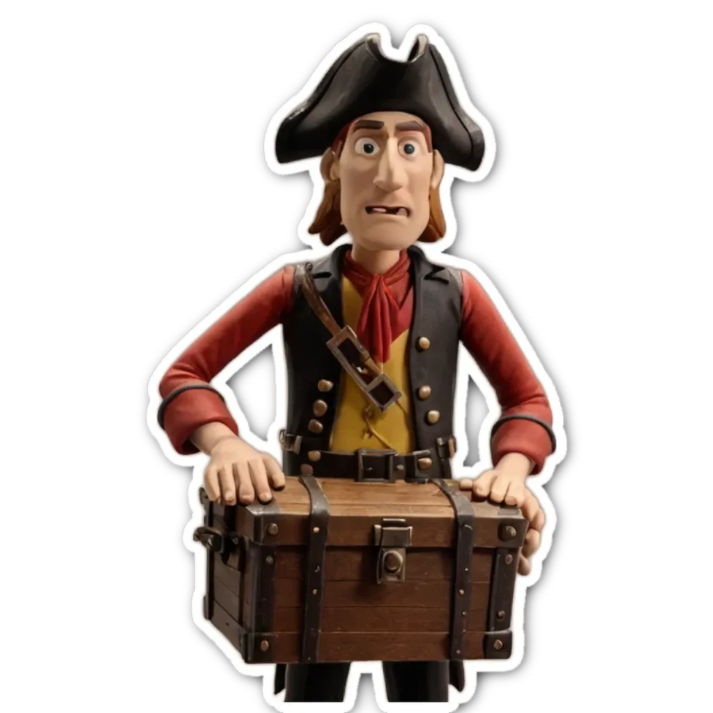 A man in a pirate costume holding a chest.