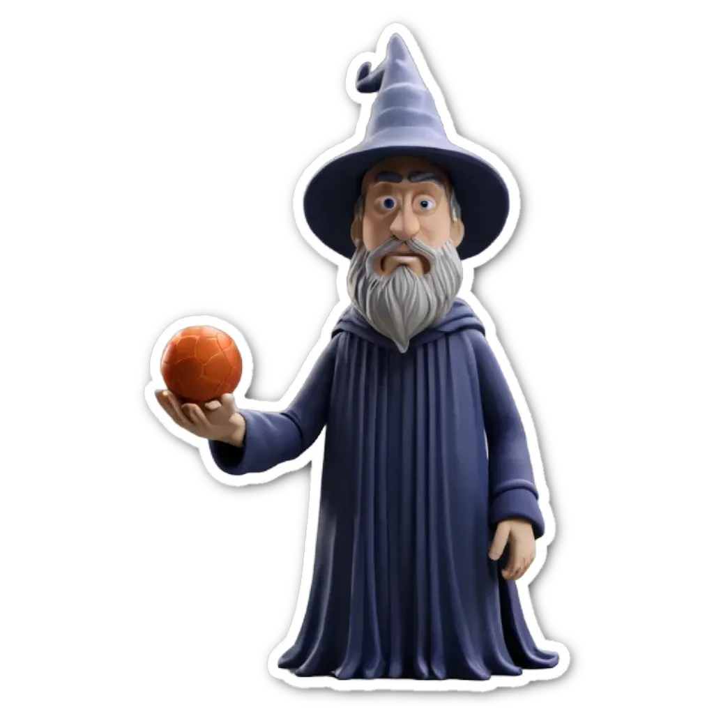 A sticker of a wizard with a ball and a hansel.