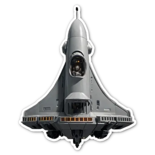 A sticker of a rocket ship that is gray in color.