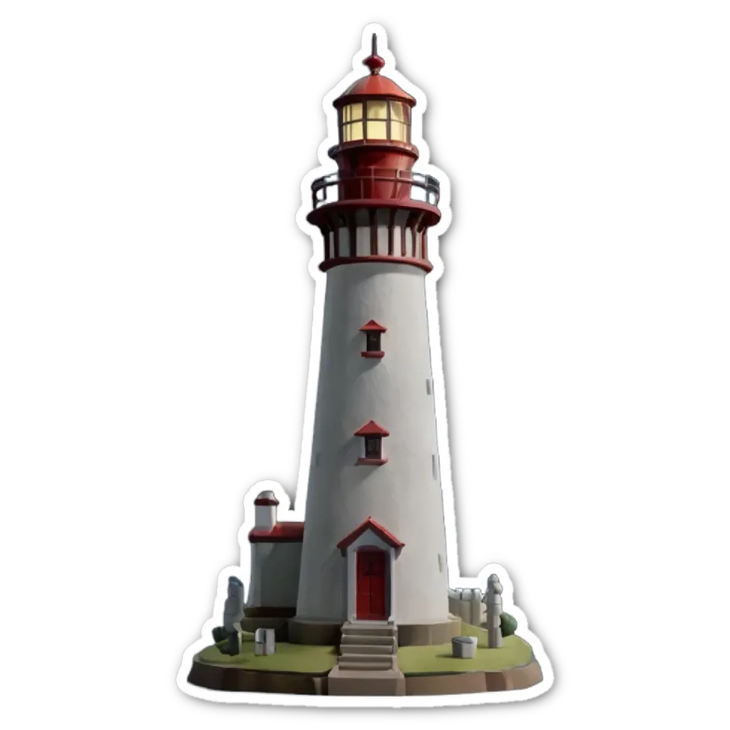 A sticker of a lighthouse that is white with red on the top.