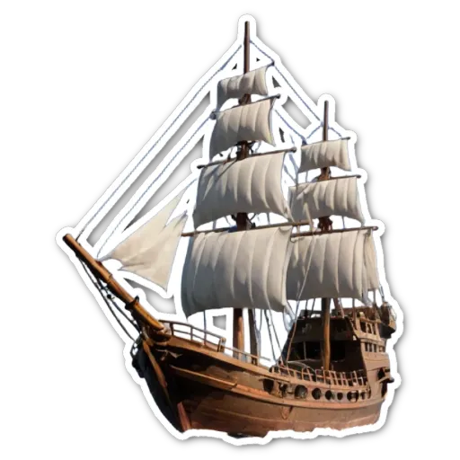 A white and brown ship sticker in the shape of a ship.