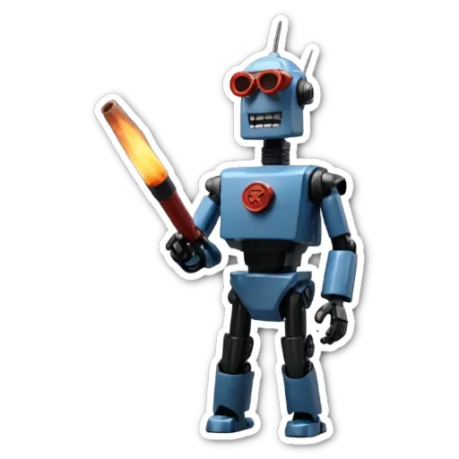 A blue robot with red eyes and black arms holding a light.