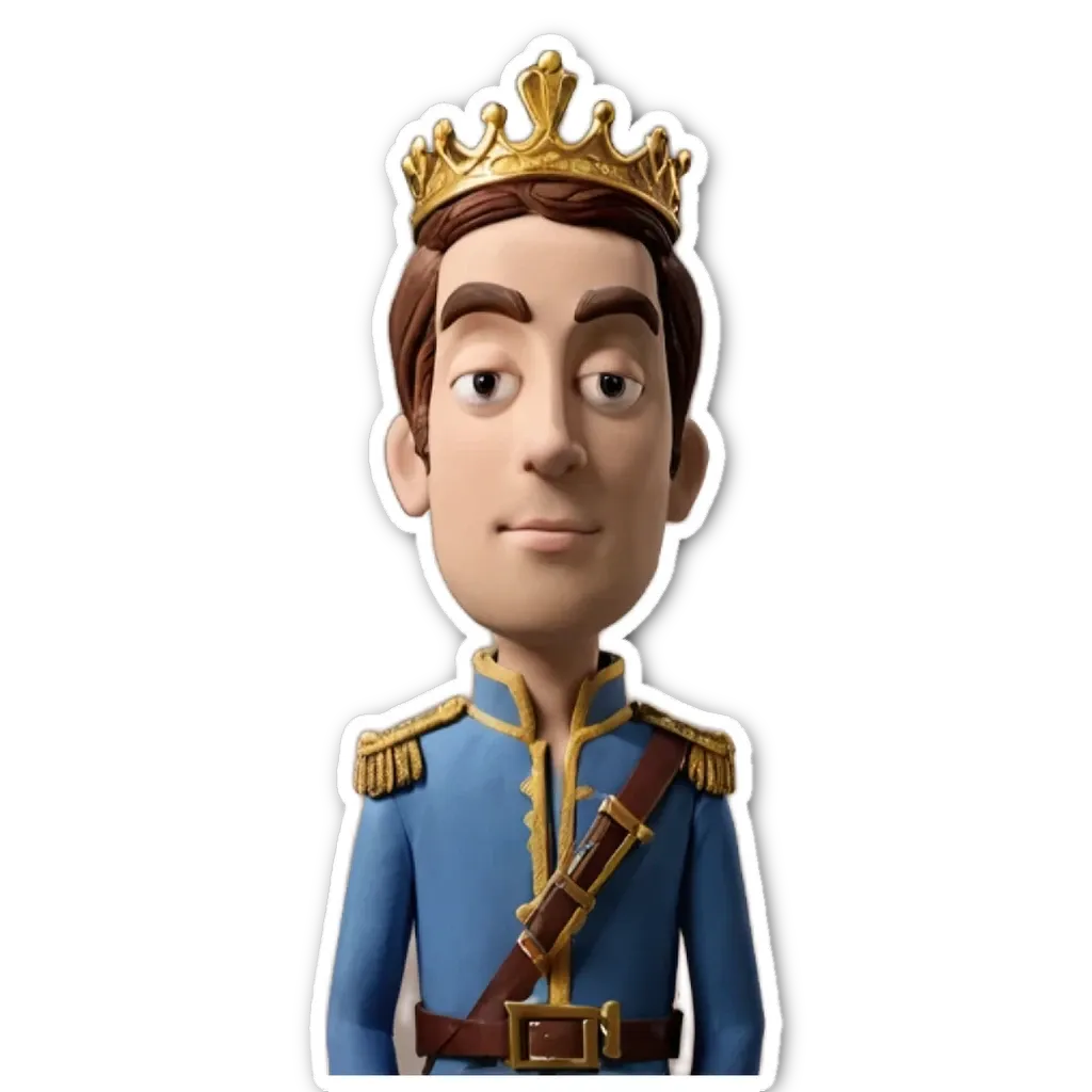 A plastic toy of a man wearing a crown and blue clothes.