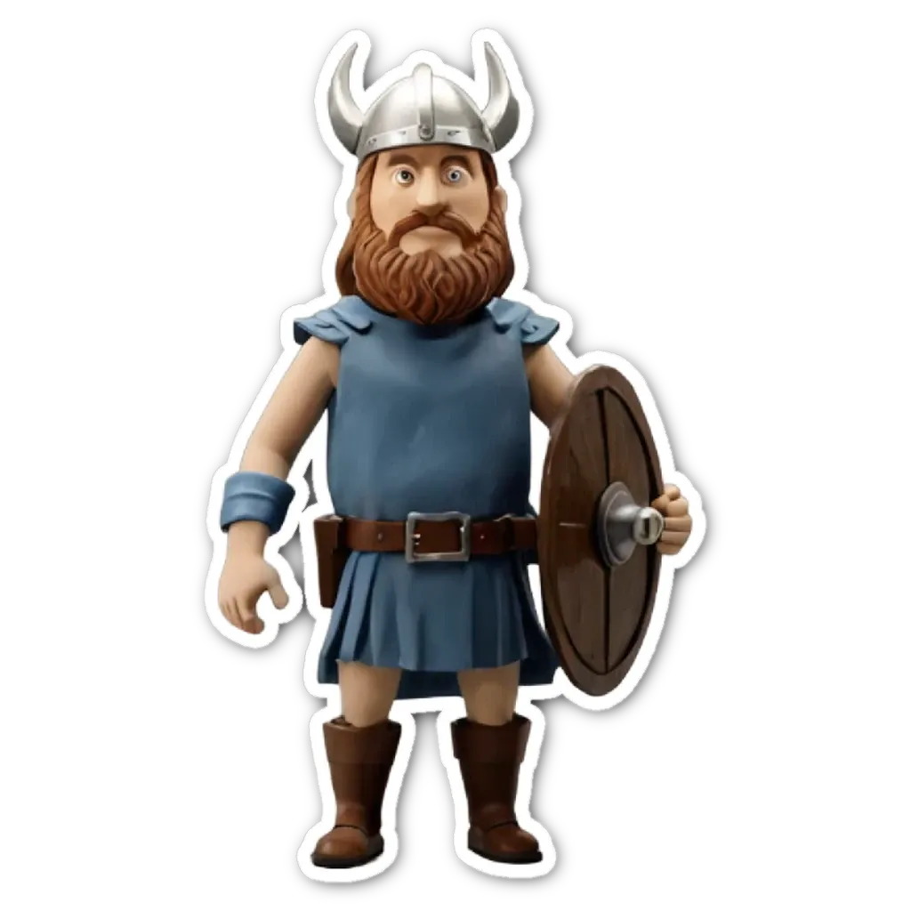 A plastic viking figure holding a shield is staring at the camera.