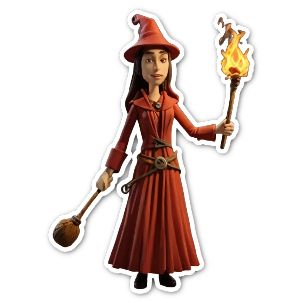 A woman in a broomstick costume holding a torch.