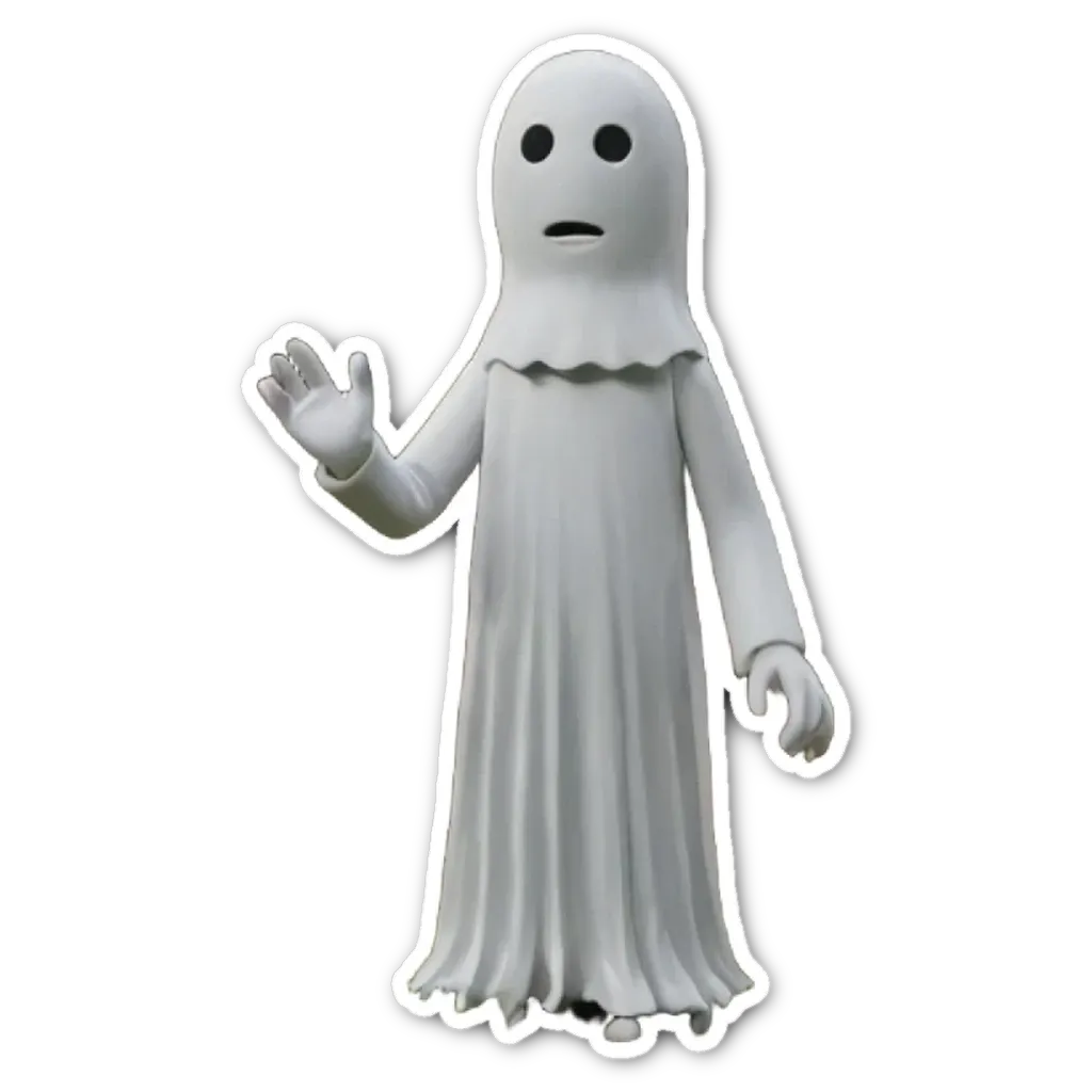 A ghost in a white dress holding its hand up and a hand down.