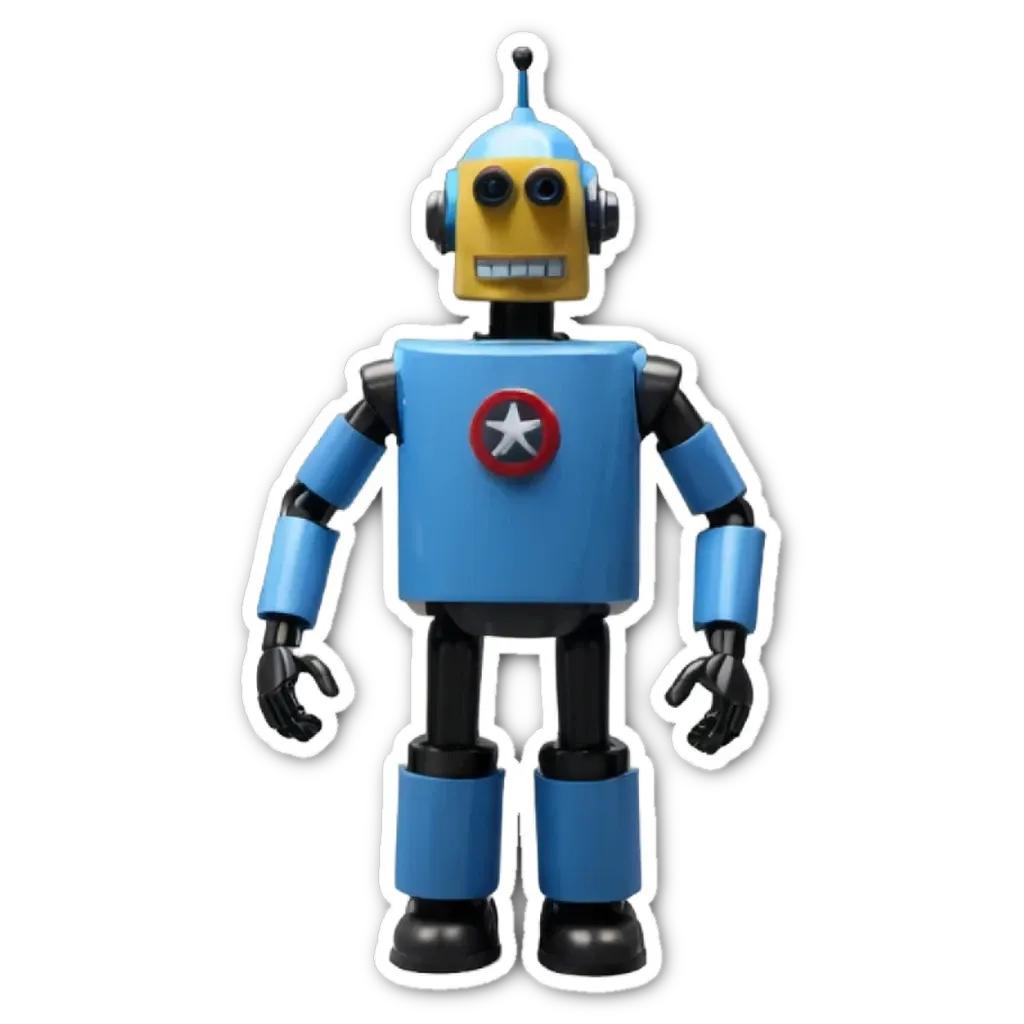 A blue robot with a star on its face is standing on a black background.