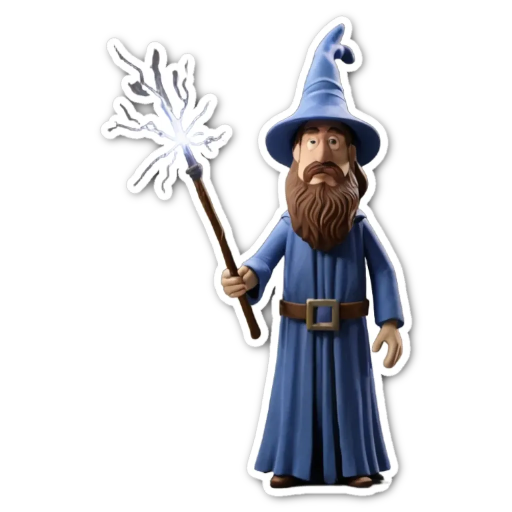 A blue wizard with a stick in his hand.