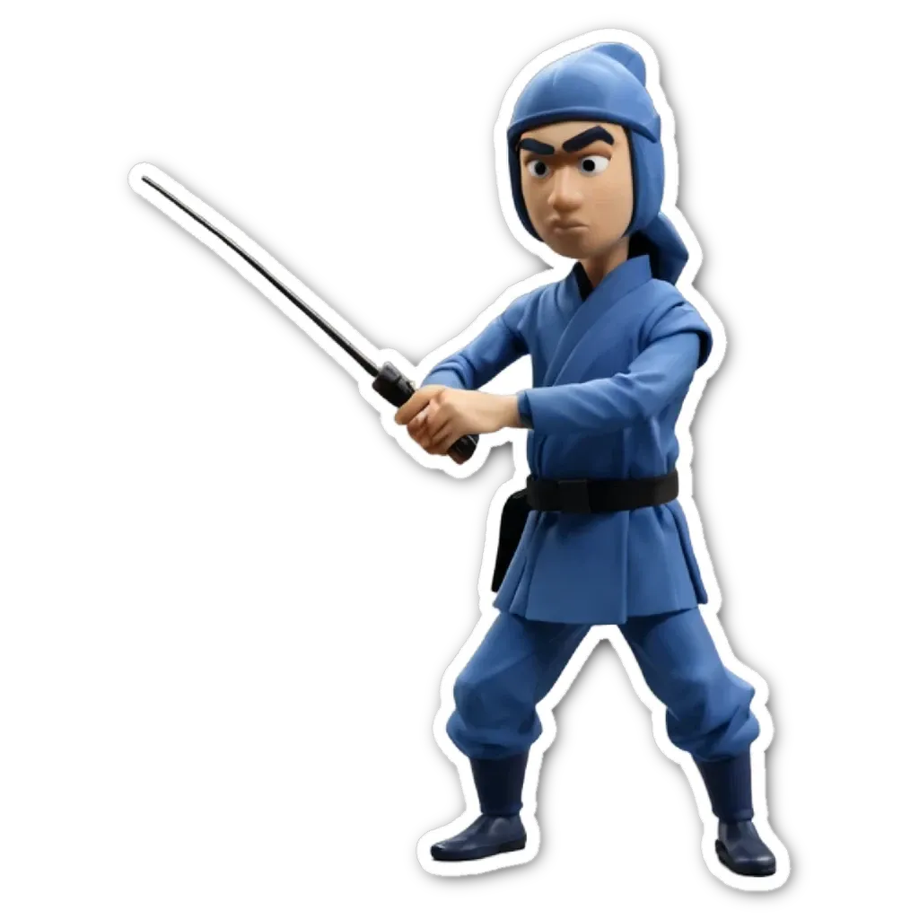 A blue character with a katana sword that is trying to stab someone.