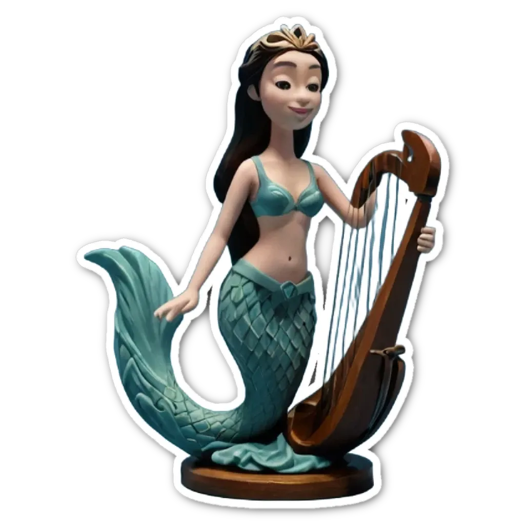 A green mermaid playing the harp is shown on a black background.