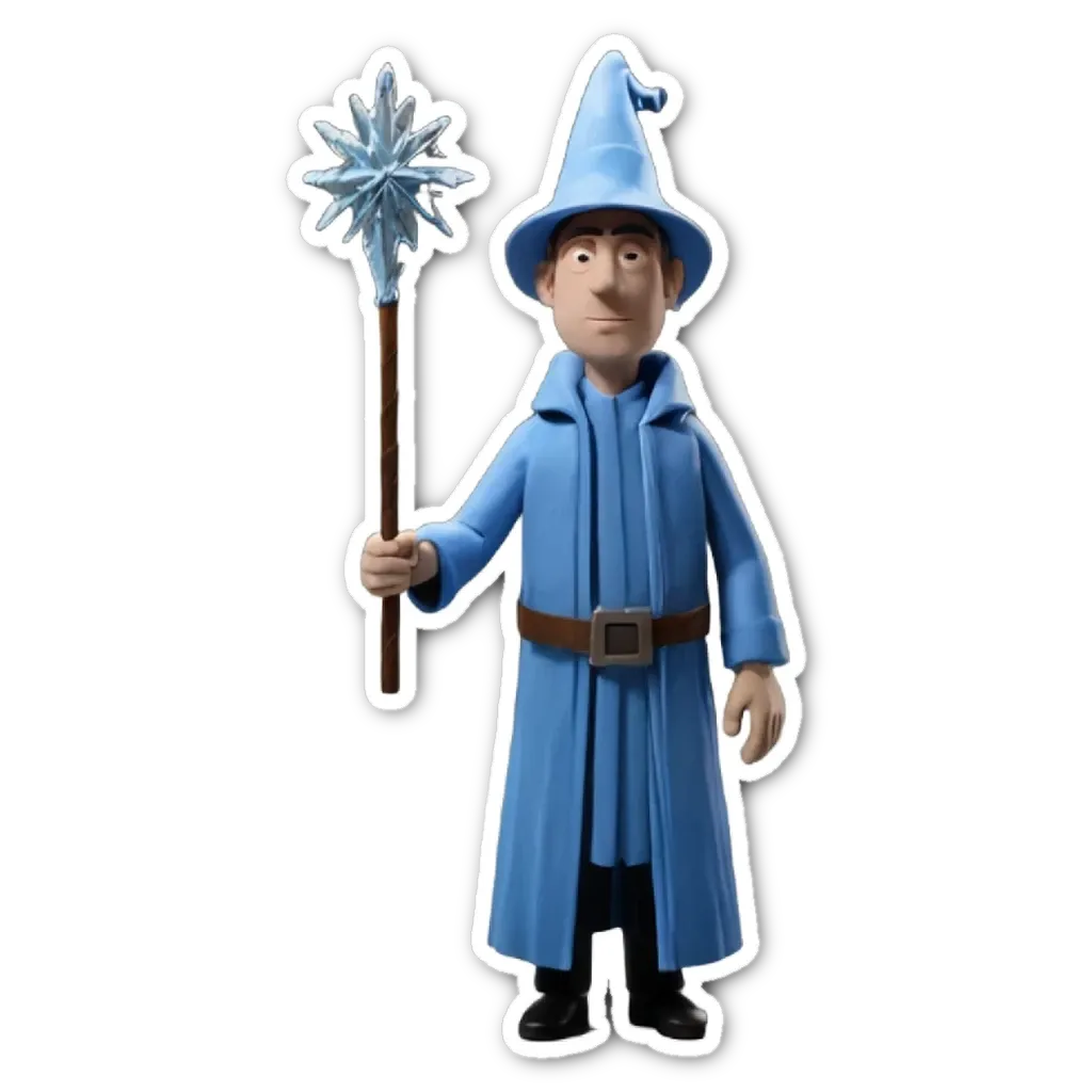 A plastic figure of a man with a blue cape and a blue hat holding a blue staff.