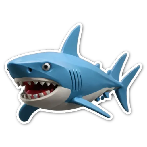 A blue and white fake shark sticking its teeth out.